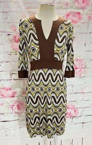 Tory Burch Women's Silk 3/4 Sleeves Abstract Print Brown/Yellow Sheath Dress XS