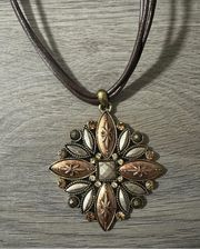 Coldwater Creek Leather Chain Bronze Gold Silver Floral Motif Necklace