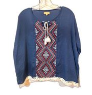 TAKARA Navy with Embroidery Aztec Geo Pattern Long Sleeved Fringe Hem Shirt szS