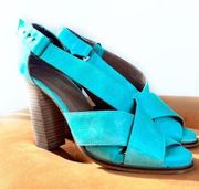 Schuler & Sons Turquoise Open Toe Leather Wood Block Heels Size 38