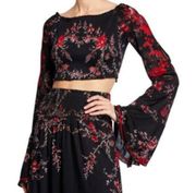 Raga Midnight Blossom Smocked Bell Sleeve Embroidered Crop Top Size XS