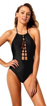 Black one piece halter swimsuit with caged front