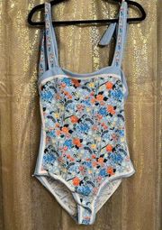 Vintage Light Blue Floral Print Reversible Tie-Shoulder One Piece Swimsuit Large