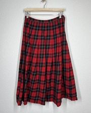 Pendleton Tartan Plaid Midi Pleated Skirt Size 10 Red Black White Vintage Wool