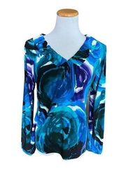 Womens Worthington Stretch Watercolor Floral Flowy Ruched Neck V Neck Top - Sz M