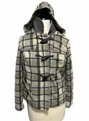 Old Navy Plaid Wool Winter Jacket With Hood Toggle Jacket Gray Yellow Small