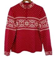 Vintage 90s Lands' End Red Chunky Knit Sweater Fair Isle Nordic Pullover