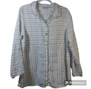 Habitat Womens 100% Linen Button Up Top Long Sleeve V Neck White Striped Size L