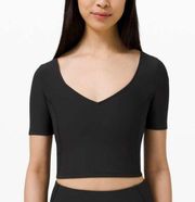 Lululemon Black Ribbed Contoured V Neck Short Sleeve Black Crop Tee Top Size 12