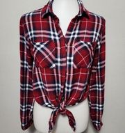 Sim & Sam red blue plaid flannel tie waist cropped flannel size medium