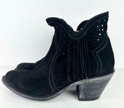 Shyanne Women's Nicki Zipper Booties Laser Cut Fringe Black Suede Size 7