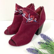 Floral embroidered ankle booties,  size 7 Carlos burgundy faux suede peep toe