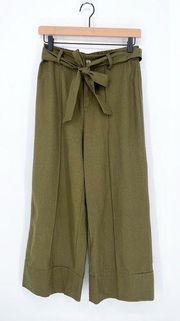 Joie Linen Blend Wide Leg Cropped Pleated Pants Olive Green Small