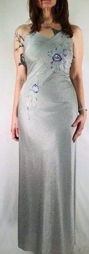 90’s Vintage ‘Dave & Johnny’ Silver Floral Embroidered Bias Cut Maxi Gown