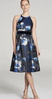 ELIZA J Black Blue Floral Jacquard Crisscross Halter Fit Flare Belted Dress sz 6