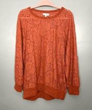 Umgee Orange Rust Floral Lace Sheer Lightweight Boho Southwestern Sweatshirt