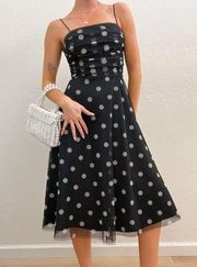 Vintage 90s/Y2K Eliza J Black Polka Dot Ruched Chiffon Fit Flare Midi Dress