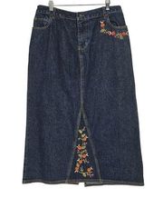 LA Blues Womens Plus Size 14W Boho Floral Embroidered Dark Denim Jean Maxi Skirt