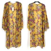 NWT Band Of Gypsies Women's Floral Kaftan Coverup Swim Kimono Yellow Pink Small