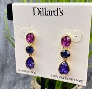 Dillard’s Tri Color Dangle Chandelier Earrings Pink Blue Purple