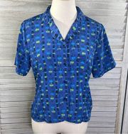 LIZ BAKER Vintage Short Sleeve Button Down Shirt Blue Black Green-6P