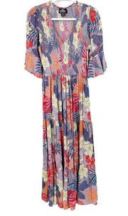 Angie Womens Boho Tropical Floral Tiered Bell Sleeve Maxi Dress Size M Purple