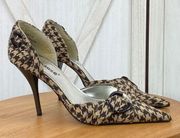 Dollhouse Houndstooth Fabric Buckle Pointed Toe Heels Tan Brown 7.5