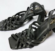 Black Leather Block Heel Sandal Charter Square Toe Strappy Shoe Sz 9