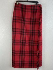 Vintage Cambridge Country Wrap Skirt 10 Red Plaid Flannel Wool Fringe Cabincore