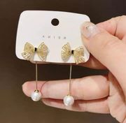 Bow Pearl Tassel Dangle Drop Earrings for Women