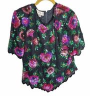 Vintage Laurence Kazar Floral Beaded silk  blouse