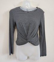 Splash Black White Stripes Round Neck Long Sleeve Twist Front Crop Top Sz Medium