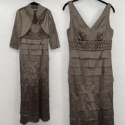 Eliza J Gray 2 Piece Formal Dress Jacket Set Beaded Tiered Gown Womens Size 8
