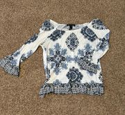 Blue and White Womens Long Sleeve floral top.