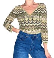 Liz & Co. Retro Y2K Green Chevron Crochet Hippie Sweater