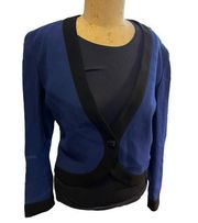 Jaeger One button Vintage Blue Wool Blazer with black trim size 10