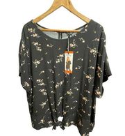 NWT Buffalo David Bitton 2XL Women's Black Tie Front Floral Short Sleeve Blouse