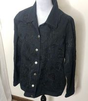 Laura Ashley women’s black button up bead embroidered jacket size large