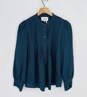 Ba&sh Laure Pintuck Button Front Shirt Puff Sleeve Crochet Trim Blue Women's XS