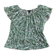 Cha Cha Vente Shirt Women Medium Green White Paisley Flutter Sleeve Blouse Rayon