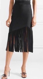 Marvella high-waist fitted crepe midi skirt with fringed hem XS