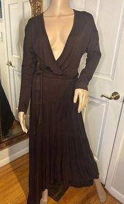 NWOT Loveappella Long Sleeve brown faux wrap Maxi Dress size small