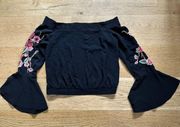 Seek The Label Off Shoulder Floral Bell Sleeve Crop Top in Black