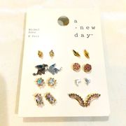 A New Day 8 Pairs of Stud Earrings, NWT Pink Rhinestones, Gold, Silver