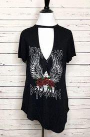 Never Stop Dreaming Oversized Deep V Neck Black Choker T-shirt Size Small