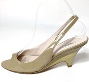 Miu Miu tan patent leather gold heel slingbacks