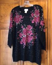 Rebecca Malone Woman Black Sweater with Roses and Rhinestones 1X