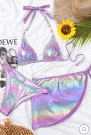 Amiclub Purple Holographic Metallic Rhinestone Triangle Cheeky Cover-Up 3Pc Swimsuit