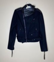 Wool Lamb Leather Asymmetrical Belted Moto Jacket Black Sz 8.