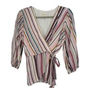 Harper Heritage Wrap Top Blouse Vertical Stripe Pink 3/4 Balloon Sleeves Size M